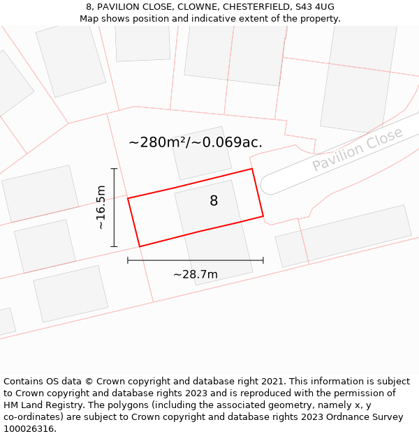 8, PAVILION CLOSE, CLOWNE, CHESTERFIELD, S43 4UG: Plot and title map