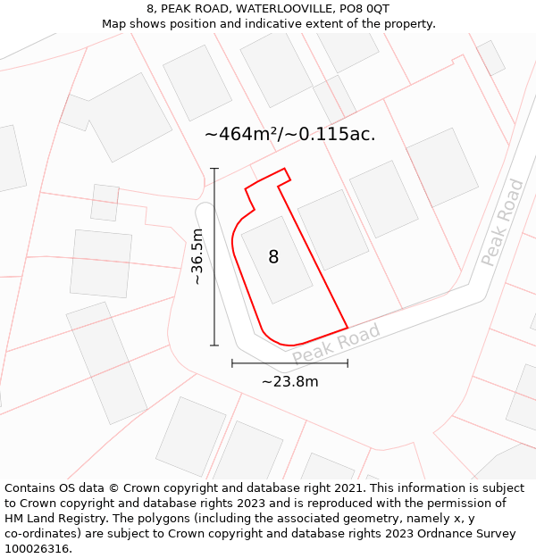 8, PEAK ROAD, WATERLOOVILLE, PO8 0QT: Plot and title map