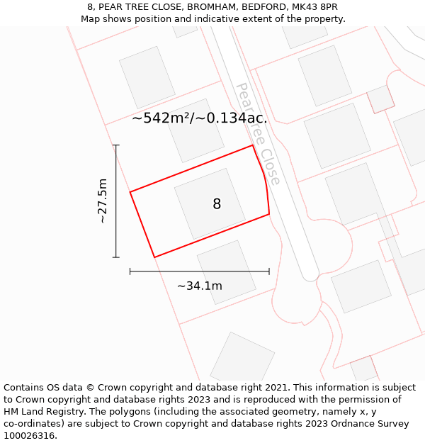 8, PEAR TREE CLOSE, BROMHAM, BEDFORD, MK43 8PR: Plot and title map