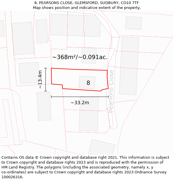 8, PEARSONS CLOSE, GLEMSFORD, SUDBURY, CO10 7TF: Plot and title map