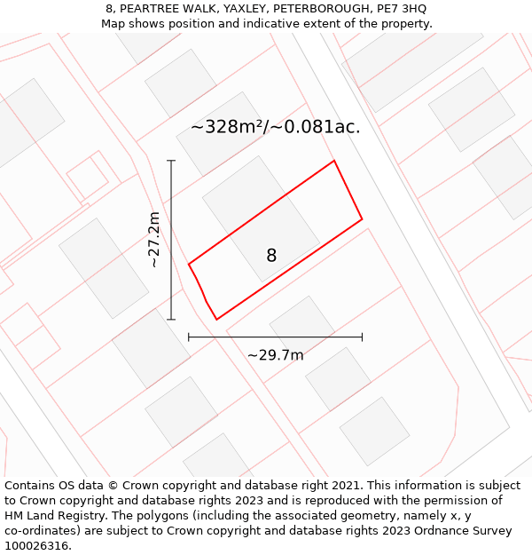 8, PEARTREE WALK, YAXLEY, PETERBOROUGH, PE7 3HQ: Plot and title map