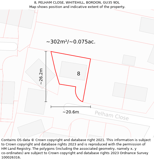 8, PELHAM CLOSE, WHITEHILL, BORDON, GU35 9DL: Plot and title map