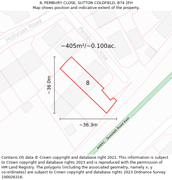 8, PEMBURY CLOSE, SUTTON COLDFIELD, B74 2FH: Plot and title map