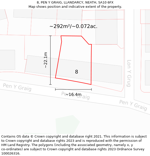 8, PEN Y GRAIG, LLANDARCY, NEATH, SA10 6FX: Plot and title map