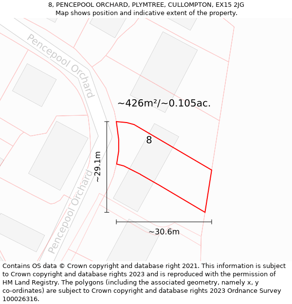 8, PENCEPOOL ORCHARD, PLYMTREE, CULLOMPTON, EX15 2JG: Plot and title map