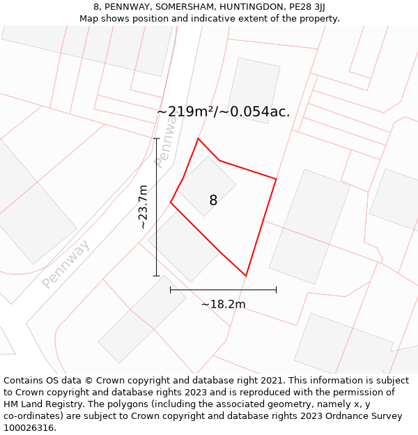 8, PENNWAY, SOMERSHAM, HUNTINGDON, PE28 3JJ: Plot and title map