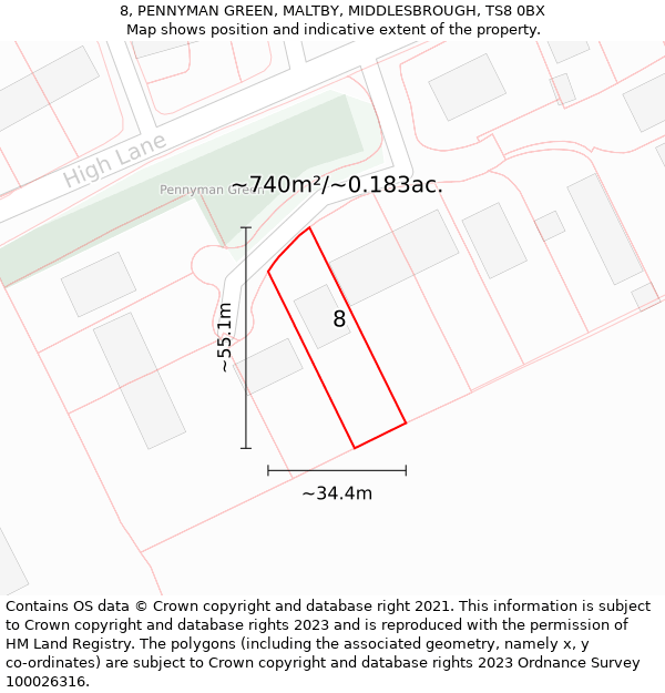 8, PENNYMAN GREEN, MALTBY, MIDDLESBROUGH, TS8 0BX: Plot and title map