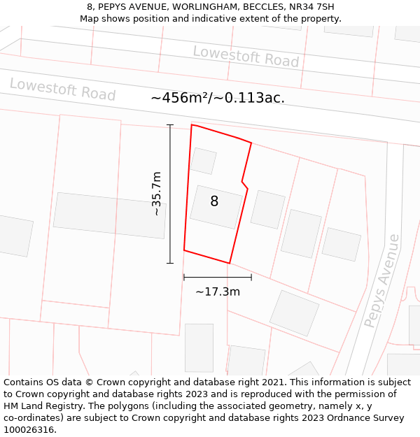 8, PEPYS AVENUE, WORLINGHAM, BECCLES, NR34 7SH: Plot and title map