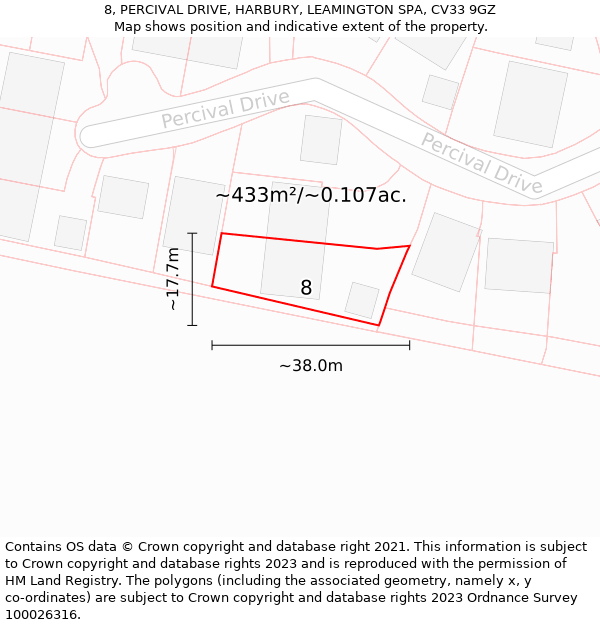 8, PERCIVAL DRIVE, HARBURY, LEAMINGTON SPA, CV33 9GZ: Plot and title map