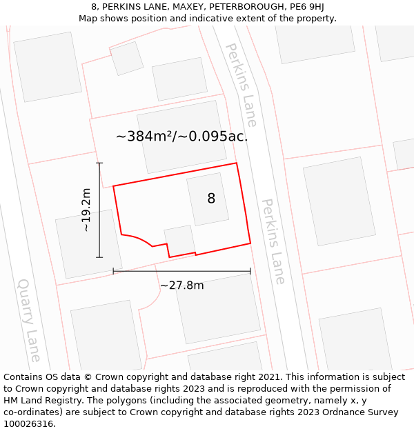 8, PERKINS LANE, MAXEY, PETERBOROUGH, PE6 9HJ: Plot and title map