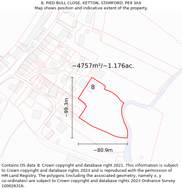 8, PIED BULL CLOSE, KETTON, STAMFORD, PE9 3AX: Plot and title map