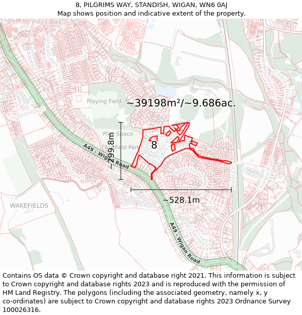 8, PILGRIMS WAY, STANDISH, WIGAN, WN6 0AJ: Plot and title map