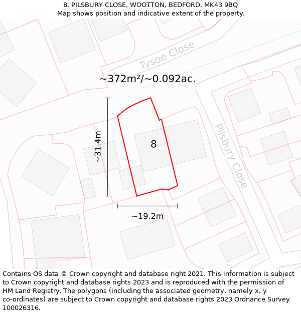 8, PILSBURY CLOSE, WOOTTON, BEDFORD, MK43 9BQ: Plot and title map