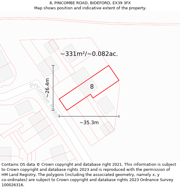 8, PINCOMBE ROAD, BIDEFORD, EX39 3FX: Plot and title map