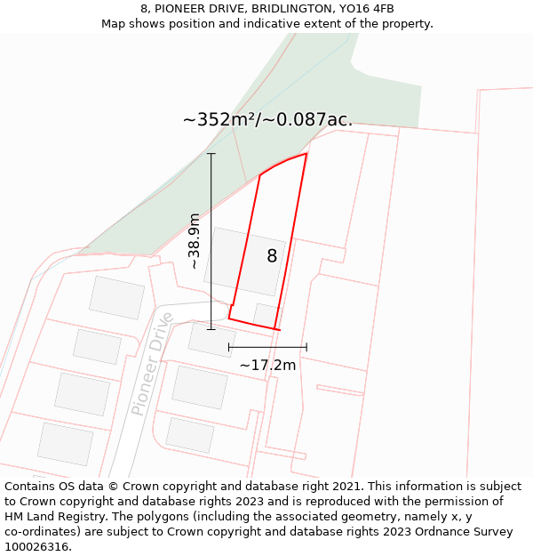 8, PIONEER DRIVE, BRIDLINGTON, YO16 4FB: Plot and title map