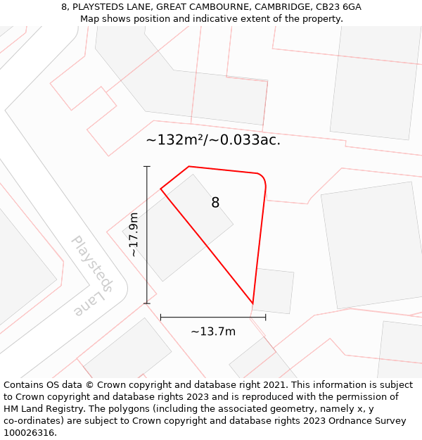 8, PLAYSTEDS LANE, GREAT CAMBOURNE, CAMBRIDGE, CB23 6GA: Plot and title map