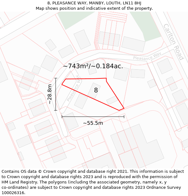 8, PLEASANCE WAY, MANBY, LOUTH, LN11 8HJ: Plot and title map