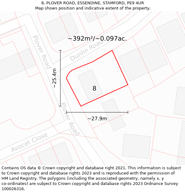 8, PLOVER ROAD, ESSENDINE, STAMFORD, PE9 4UR: Plot and title map