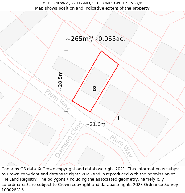 8, PLUM WAY, WILLAND, CULLOMPTON, EX15 2QR: Plot and title map