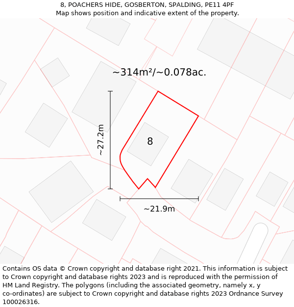 8, POACHERS HIDE, GOSBERTON, SPALDING, PE11 4PF: Plot and title map