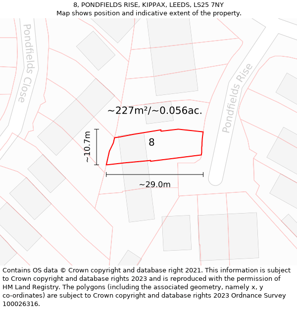 8, PONDFIELDS RISE, KIPPAX, LEEDS, LS25 7NY: Plot and title map