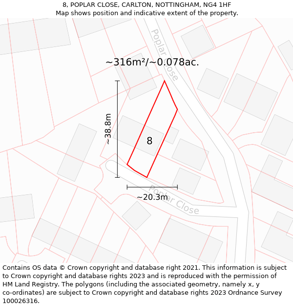 8, POPLAR CLOSE, CARLTON, NOTTINGHAM, NG4 1HF: Plot and title map