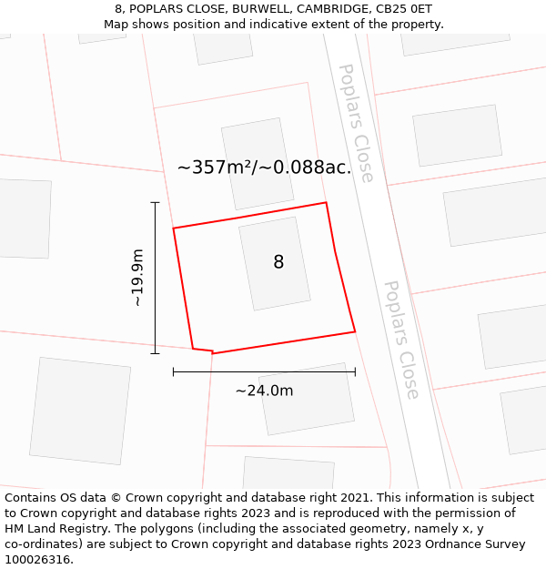 8, POPLARS CLOSE, BURWELL, CAMBRIDGE, CB25 0ET: Plot and title map