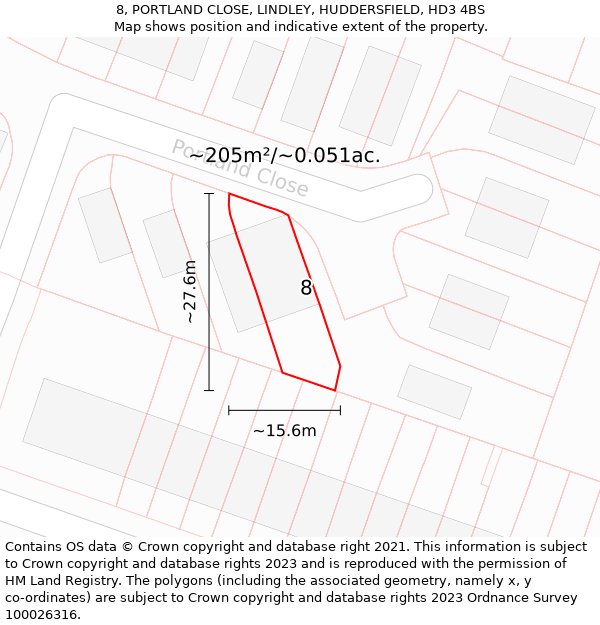 8, PORTLAND CLOSE, LINDLEY, HUDDERSFIELD, HD3 4BS: Plot and title map