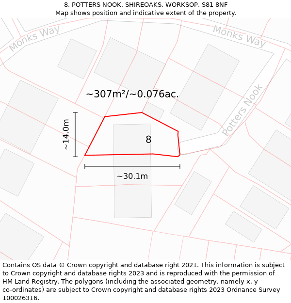 8, POTTERS NOOK, SHIREOAKS, WORKSOP, S81 8NF: Plot and title map