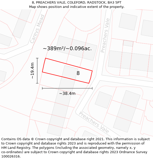 8, PREACHERS VALE, COLEFORD, RADSTOCK, BA3 5PT: Plot and title map