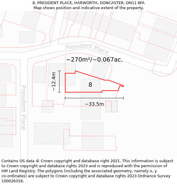 8, PRESIDENT PLACE, HARWORTH, DONCASTER, DN11 8FA: Plot and title map