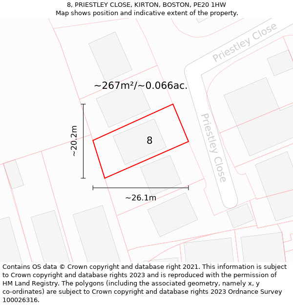 8, PRIESTLEY CLOSE, KIRTON, BOSTON, PE20 1HW: Plot and title map