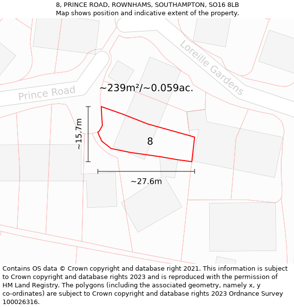 8, PRINCE ROAD, ROWNHAMS, SOUTHAMPTON, SO16 8LB: Plot and title map