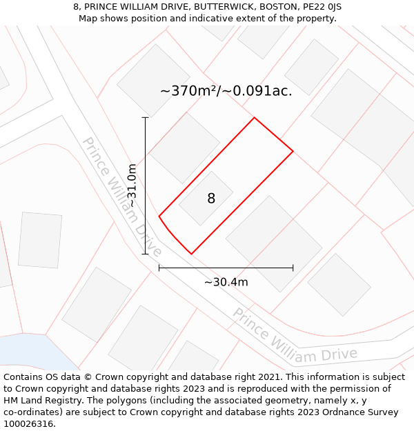 8, PRINCE WILLIAM DRIVE, BUTTERWICK, BOSTON, PE22 0JS: Plot and title map