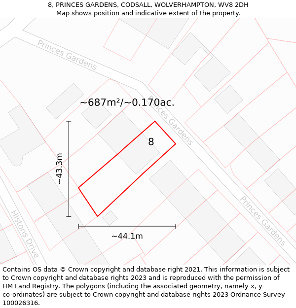 8, PRINCES GARDENS, CODSALL, WOLVERHAMPTON, WV8 2DH: Plot and title map