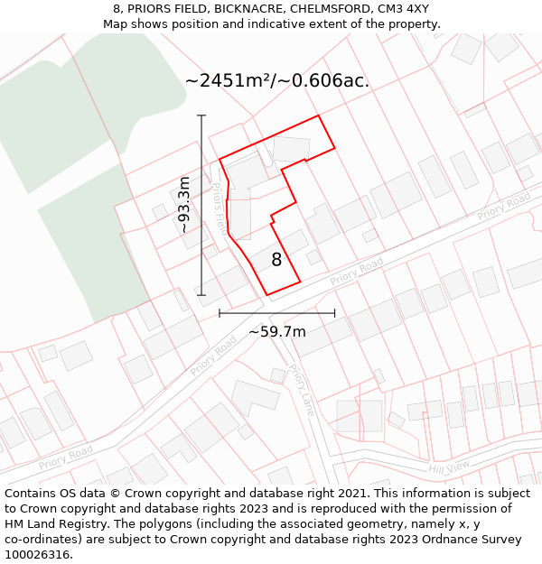 8, PRIORS FIELD, BICKNACRE, CHELMSFORD, CM3 4XY: Plot and title map