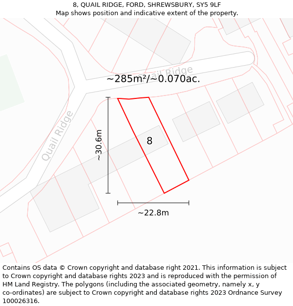 8, QUAIL RIDGE, FORD, SHREWSBURY, SY5 9LF: Plot and title map