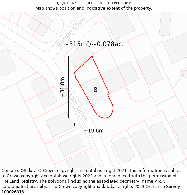 8, QUEENS COURT, LOUTH, LN11 8RR: Plot and title map