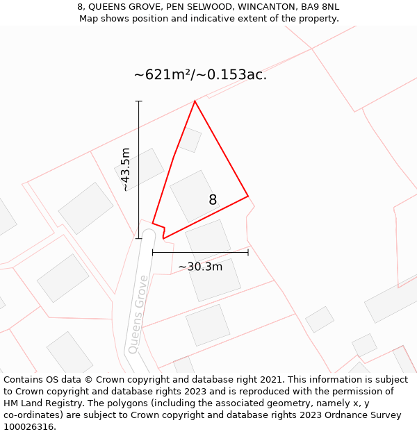 8, QUEENS GROVE, PEN SELWOOD, WINCANTON, BA9 8NL: Plot and title map