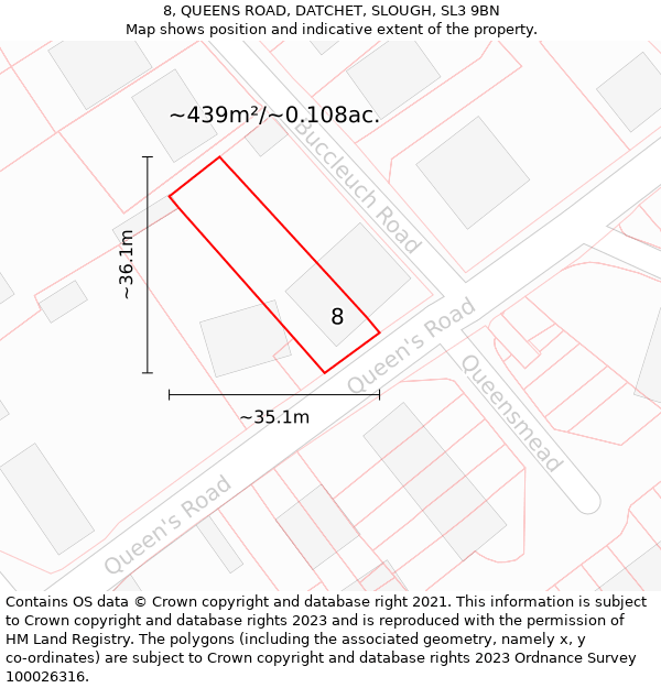 8, QUEENS ROAD, DATCHET, SLOUGH, SL3 9BN: Plot and title map