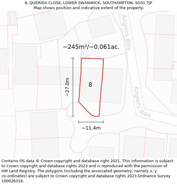 8, QUERIDA CLOSE, LOWER SWANWICK, SOUTHAMPTON, SO31 7JP: Plot and title map