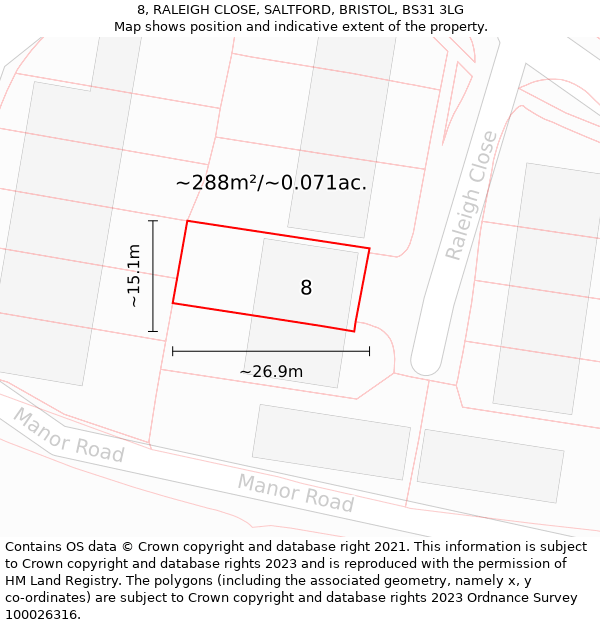 8, RALEIGH CLOSE, SALTFORD, BRISTOL, BS31 3LG: Plot and title map