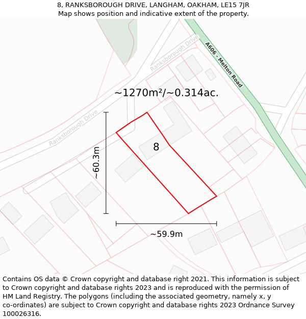 8, RANKSBOROUGH DRIVE, LANGHAM, OAKHAM, LE15 7JR: Plot and title map