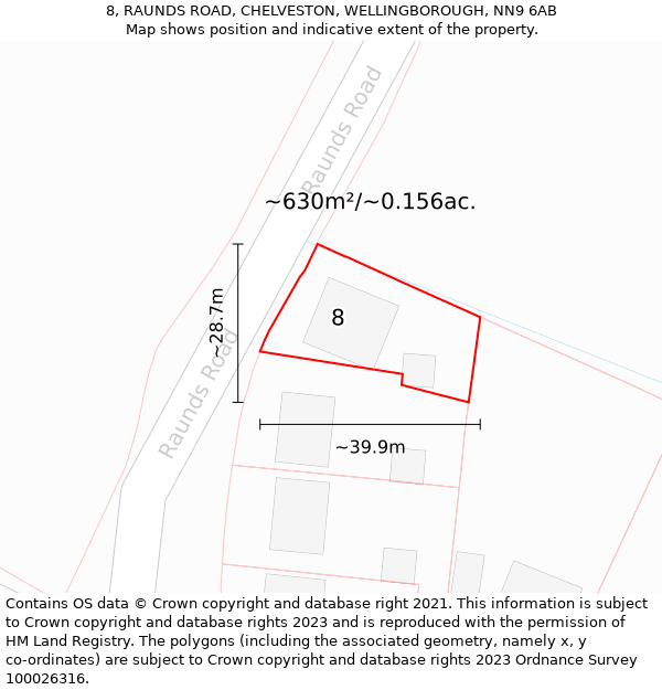 8, RAUNDS ROAD, CHELVESTON, WELLINGBOROUGH, NN9 6AB: Plot and title map