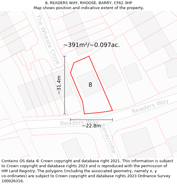 8, READERS WAY, RHOOSE, BARRY, CF62 3HP: Plot and title map