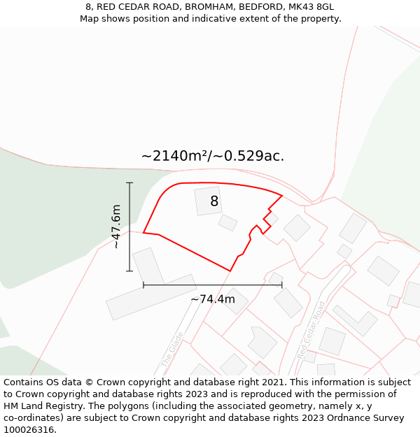 8, RED CEDAR ROAD, BROMHAM, BEDFORD, MK43 8GL: Plot and title map