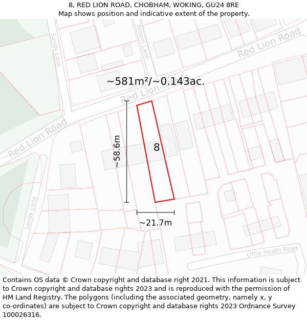 8, RED LION ROAD, CHOBHAM, WOKING, GU24 8RE: Plot and title map