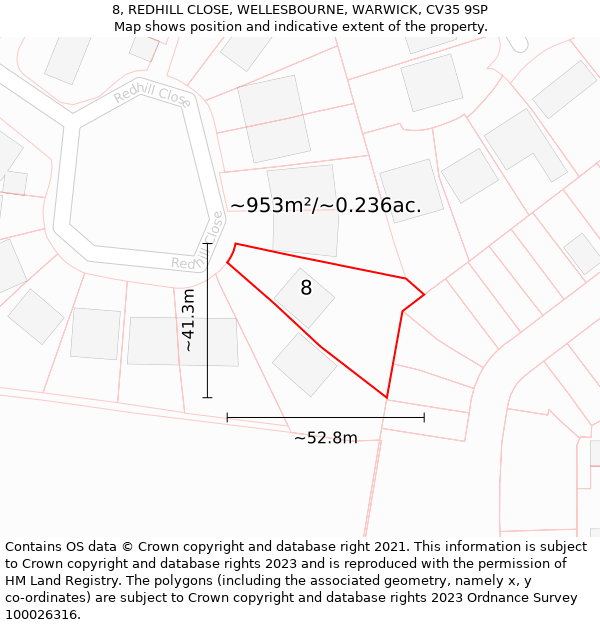 8, REDHILL CLOSE, WELLESBOURNE, WARWICK, CV35 9SP: Plot and title map