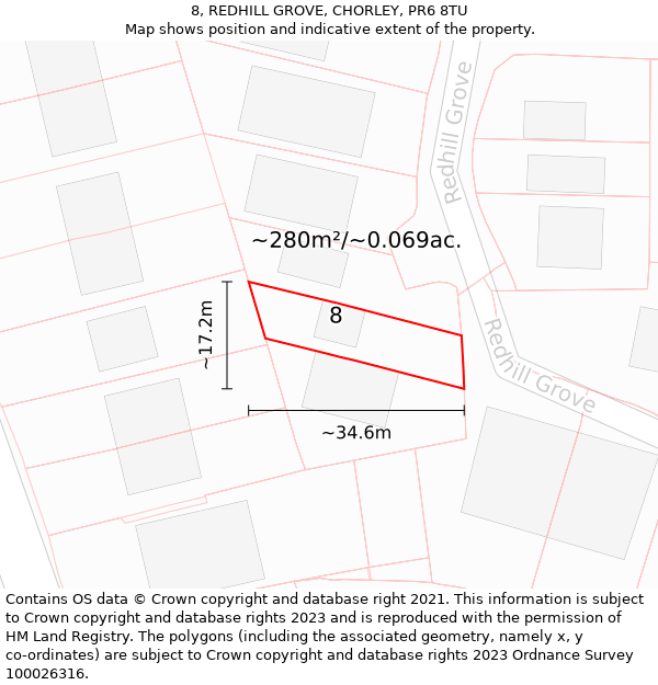 8, REDHILL GROVE, CHORLEY, PR6 8TU: Plot and title map