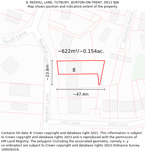 8, REDHILL LANE, TUTBURY, BURTON-ON-TRENT, DE13 9JW: Plot and title map